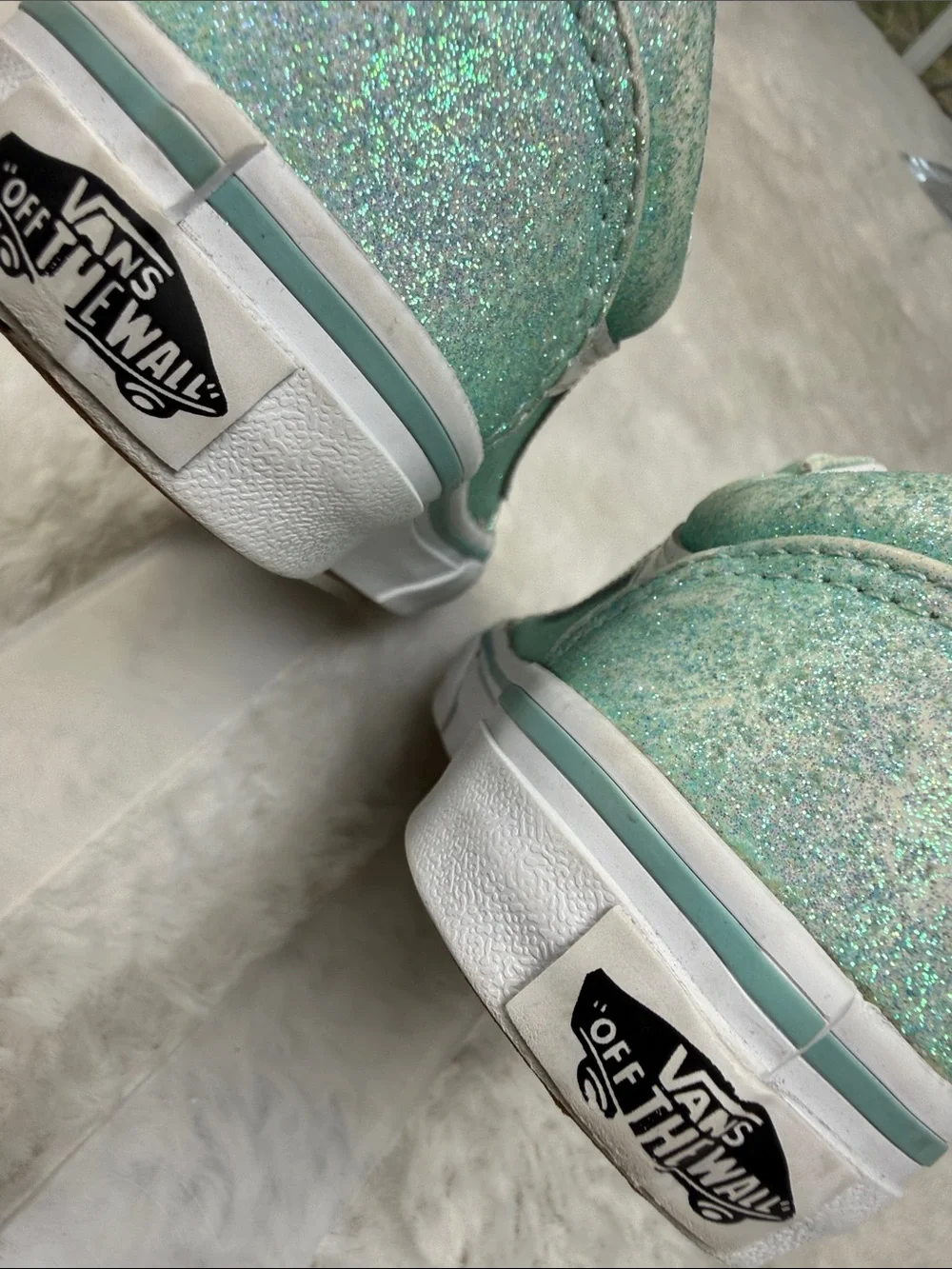 Vans Old Skool V Kids 13 Mint Aqua Iridescent Glitter Hook & Loop Sneaker Skater